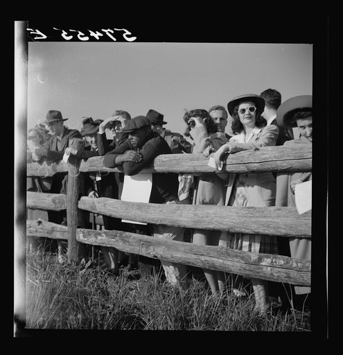 Untitled photo, possibly related to: Spectators at paddock fence between races. Warrenton, Virginia