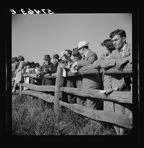 Untitled photo, possibly related to: Spectators at paddock fence between races. Warrenton, Virginia