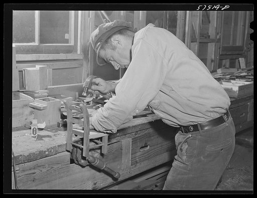 Woodworking in the arts and crafts shop on FSA (Farm Security Administration) project. Ida Valley Farms, Shenandoah Homesteads, Luray, Virginia