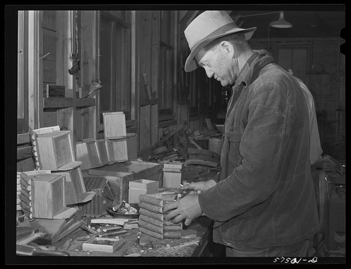 Woodworking in the arts and crafts shop on FSA (Farm Security Administration) project. Ida Valley Farms, Shenandoah Homesteads, Luray, Virginia