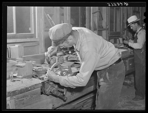 Woodworking in the arts and crafts shop on FSA (Farm Security Administration) project. Ida Valley Farms, Shenandoah Homesteads, Luray, Virginia
