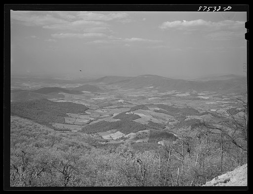 Fertile farmland in the Shenandoah Valley from the top of Skyline Drive, Virginia
