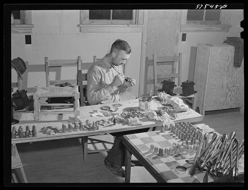 Woodworking in the arts and crafts shop on FSA (Farm Security Administration) project. Ida Valley Farms, Shenandoah Homesteads, Luray, Virginia