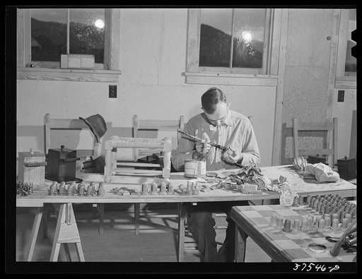 Untitled photo, possibly related to: Woodworking in the arts and crafts shop on FSA (Farm Security Administration) project. Ida Valley Farms, Shenandoah Homesteads, Luray, Virginia