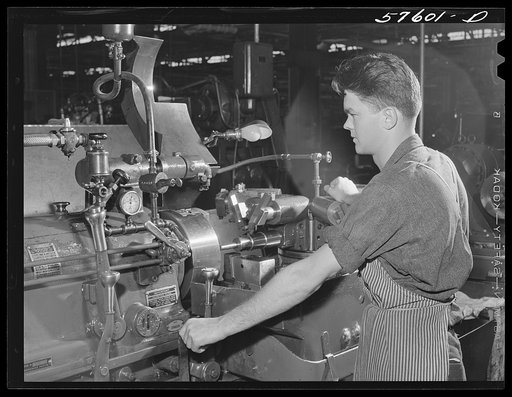 Rolfe Lawrence Chickering, farmboy from Saint Johnsbury, Vermont, who came to work at Pratt and Whitney United Aircraft in January 1941. Because of congested housing conditions, he commutes twenty miles each way daily from East Hartford to Suffield Connecticut, where he lives with a private family, 