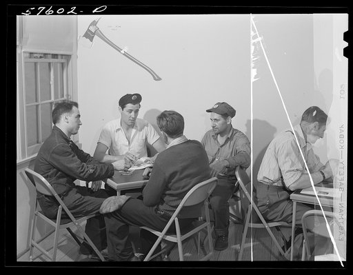 Workers from electric boat company in recreation room of new dormitory for workers in defense industries. Groton, Connecticut. Constructed and managed by FSA (Farm Security Administration)