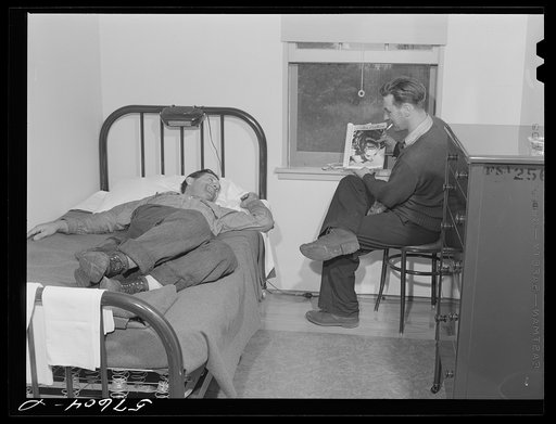 Workers from electric boat company in recreation room of new dormitory for workers in defense industries. Groton, Connecticut. Constructed and managed by FSA (Farm Security Administration)