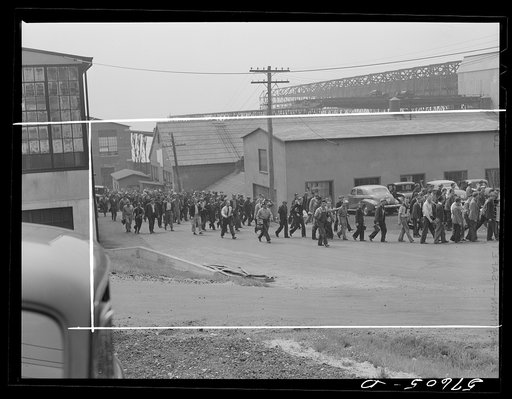 Workers coming out of the electric boat works at the afternoon change of shift. Groton, Connecticut