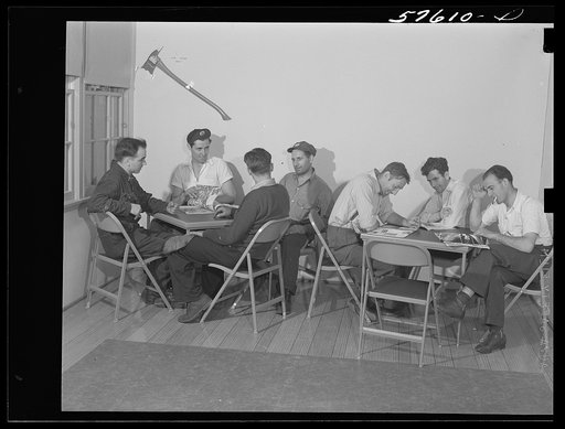 Workers from electric boat company plant in recreation room of new dormitory for workers in defense industries. Groton, Connecticut. Constructed and managed by FSA (Farm Security Administration)