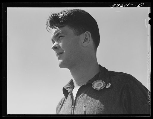 Rolfe Lawrence Chickering, farmboy from Saint Johnsbury, Vermont, who came to work at Pratt and Whitney United Aircraft in January 1941. Because of congested housing conditions, he commutes twenty miles each way daily from East Hartford to Suffield, Connecticut, where he lives with a private family,