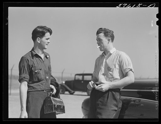 Untitled photo, possibly related to: Rolfe Chickering, farmboy from Saint Johnsbury, Vermont, now working at Pratt and Whitney United Aircraft, East Hartford, Connecticut. He is talking to his friend with whom he commutes to Suffield, Connecticut (see 57612D)