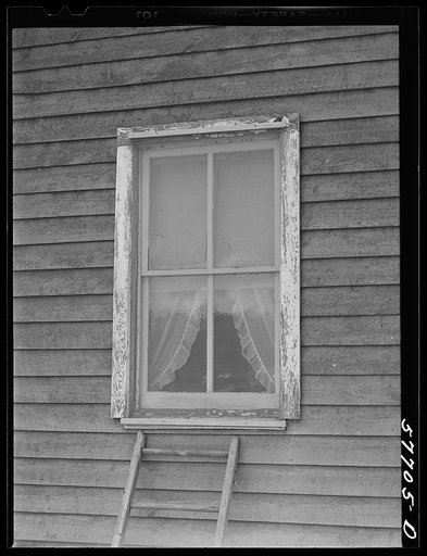 Window frame with screen supplied. The top strip has been nailed in place. The screen is then stretched and fastened at the sill. Screening demonstration. Charles County, La Plata, Maryland