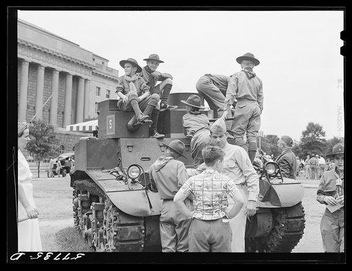 Boy scouts inspecting and learning about Army equipment in Commerce Square, Washington, D.C.