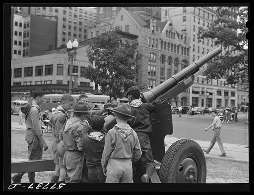 Boy scouts inspecting and learning about Army equipment in Commerce Square, Washington, D.C.