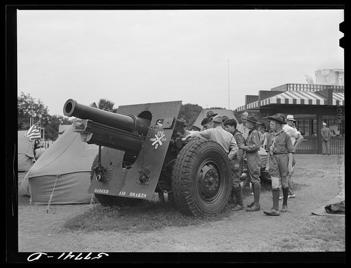 Boy scouts inspecting and learning about Army equipment in Commerce Square, Washington, D.C.