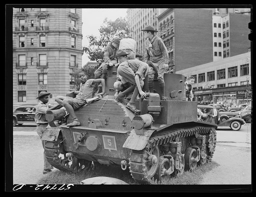 Boy scouts inspecting and learning about Army equipment in Commerce Square, Washington, D.C.