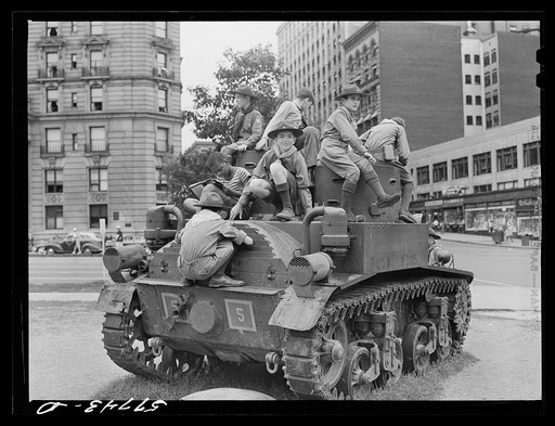 Boy scouts inspecting and learning about Army equipment in Commerce Square, Washington, D.C.