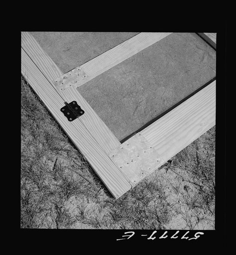 Detail of bottom of completed screen door. Screening demonstration. Saint Mary's County, Ridge, Maryland