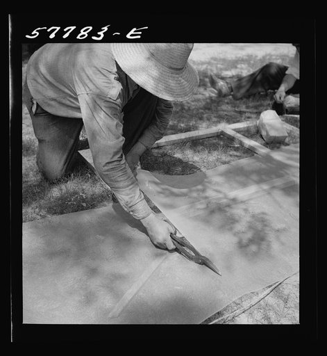 Untitled photo, possibly related to: Cutting 16-mesh galvanized screen wire for door frame. Screening demonstration. Charles County, La Plata, Maryland