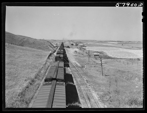 Freight train going west from Minot, North Dakota, across the plains