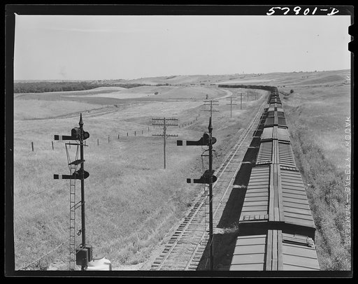 Freight train going west from Minot, North Dakota, across the plains