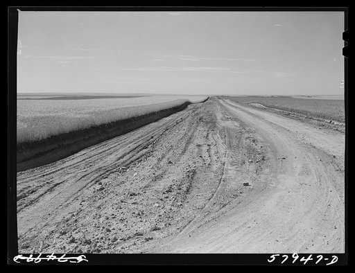 Untitled photo, possibly related to: Road by wheat field through Schnitzler Corporation ranch. Froid, Montana