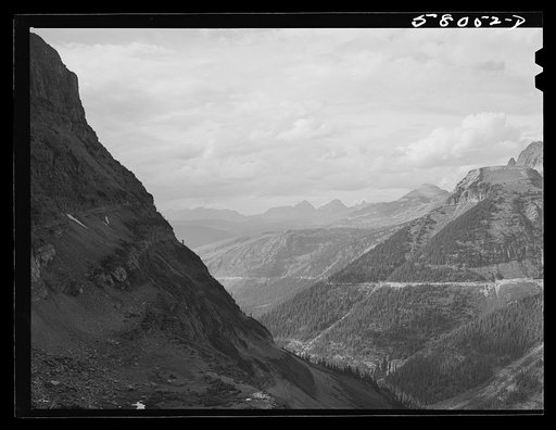 General view of Rocky Mountains, west of Continental Divide seen from top of Logan Pass on Going-to-the-Sun highway. Glacier National Park, Montana