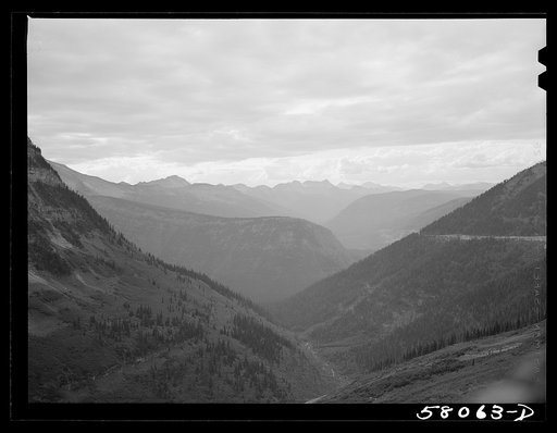 Untitled photo, possibly related to: General view of Rocky Mountains west of Continental Divide seen from top of Logan Pass on Going-to-the-Sun highway. Glacier National Park, Montana