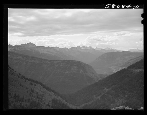 Untitled photo, possibly related to: General view of Rocky Mountains west of Continental Divide seen from top of Logan Pass on Going-to-the-Sun highway. Glacier National Park, Montana