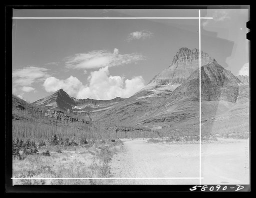Evidences of forest fire, rocky wall from Many Glacier highway. Glacier National Park, Montana
