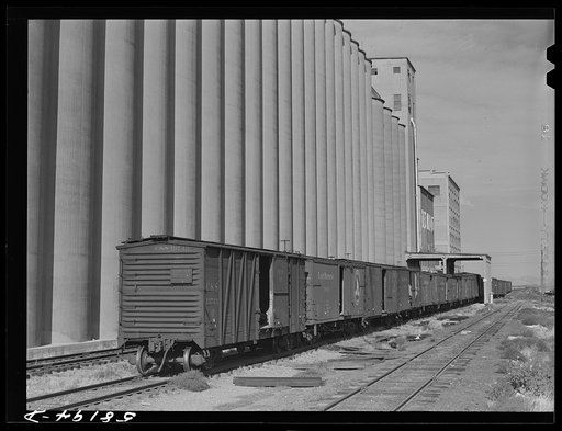Grain storage, elevators and freight trains. Great Falls Montana