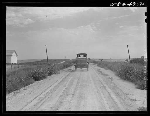 Farmer taking wheat which was harvested with a combine, to the grain storage elevator. Near Grenora, North Dakota