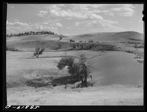 Reservoir for cattle and grazing land on Indian reservation near Crow Agency, Montana