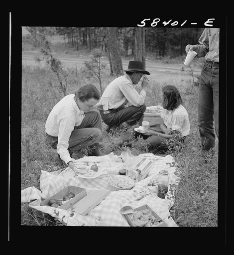 Mrs. Lyman Brewster with some dudes on a picnic on the Brewster-Arnold lease. Near Lame Deer, Montana