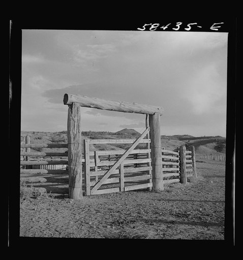 Untitled photo, possibly related to: Gate and fence of corral at Quarter Circle U, Brewster-Arnold Ranch Company. Birney, Montana
