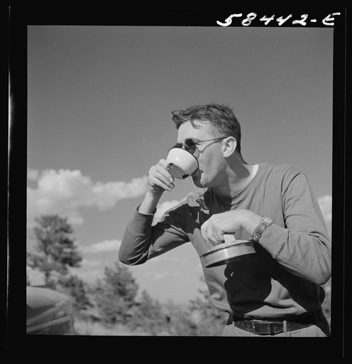Dude from Quarter Circle U Ranch on a picnic on Lyman Brewster's lease. Near Lame Deer, Montana