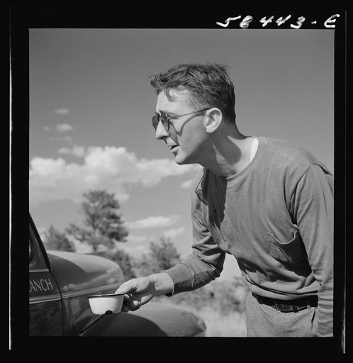 Untitled photo, possibly related to: Dude from Quarter Circle U Ranch on a picnic on Lyman Brewster's lease. Near Lame Deer, Montana
