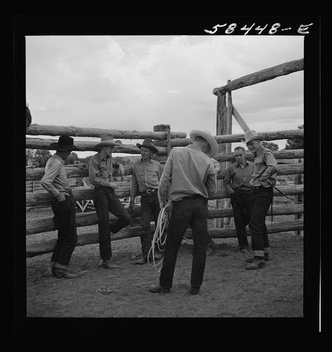 Dudes in the corral at Quarter Circle U Ranch. Birney, Montana