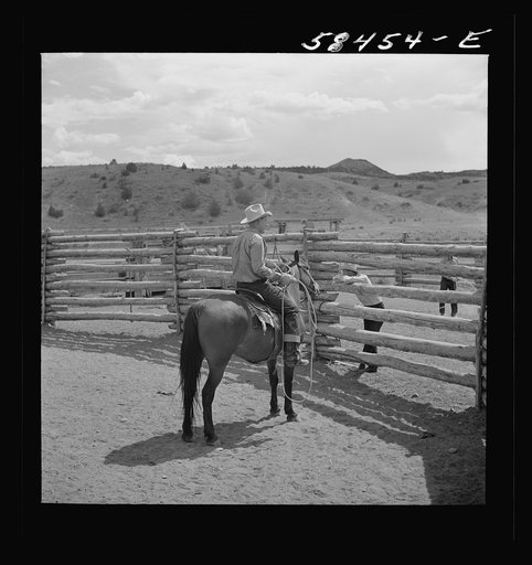 Dude on one of the ranch horses in the corral at Quarter Circle U, Brewster-Arnold Ranch Company. Birney, Montana