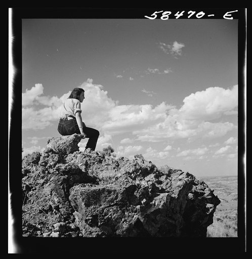 Dude looking out over Lyman Brewster's lease and across range country from "top of the world."  Near Lame Deer, Montana
