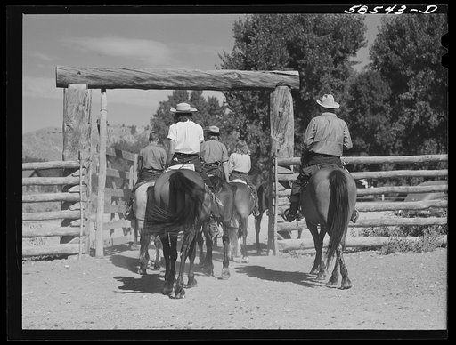 Dudes leaving the corral, to go for a ride across the range. Brewster-Arnold Ranch Company, Birney, Montana