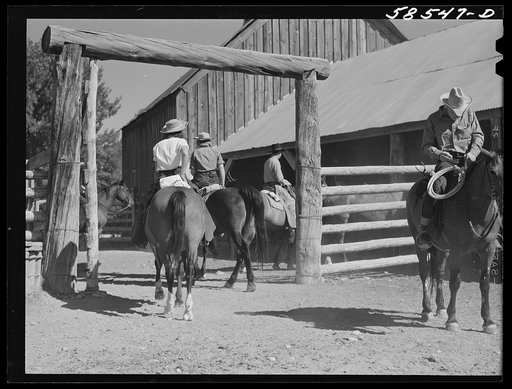 Untitled photo, possibly related to: Dudes leaving the corral, to go for a ride across the range. Brewster-Arnold Ranch Company, Birney, Montana