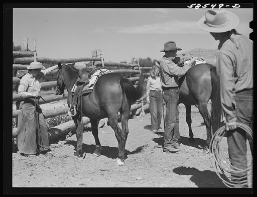 Untitled photo, possibly related to: Lyman Brewster with a ranch guest in the corral before going for a ride over the range. Quarter Circle U, Brewster-Arnold Ranch Company. Birney Montana