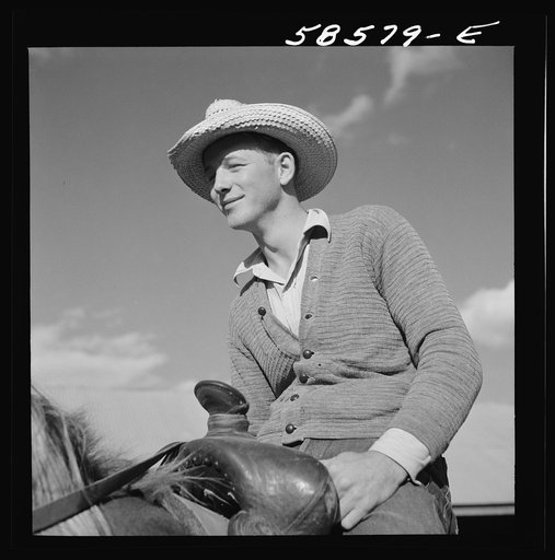 Cowboy on a ranch horse in the corral at Quarter Circle U, Brewster-Arnold Ranch Company. Birney, Montana
