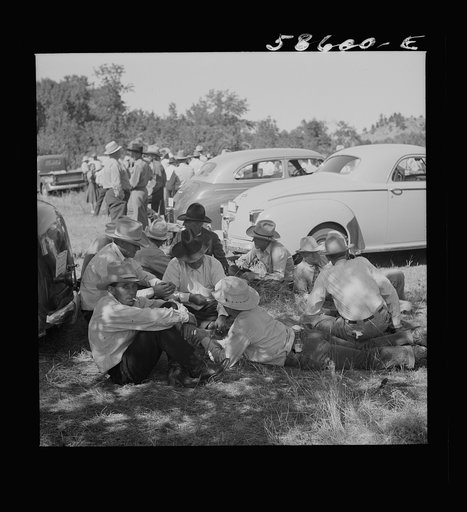 Untitled photo, possibly related to: Guests at the stockmen's picnic and barbecue. Spear's Siding, Wyola, Montana