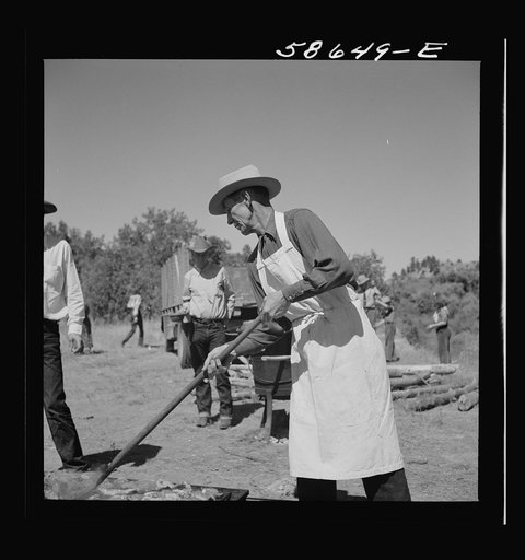 The chef barbecuing beef at the stockmen's picnic and barbecue. Spear's Siding, Wyola, Montana