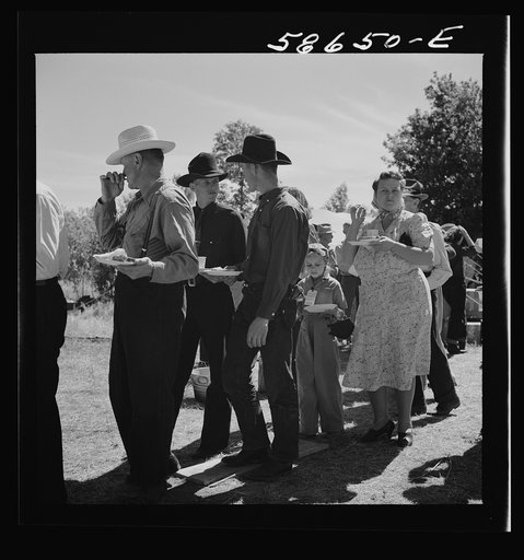 Spear's Siding, Wyola, Montana. Waiting in line for barbecued beef at the stockmen's picnic and barbeque