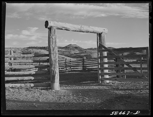 Untitled photo, possibly related to: Gate and fence of corral at Quarter Circle U, Brewster-Arnold Ranch Company. Birney, Montana