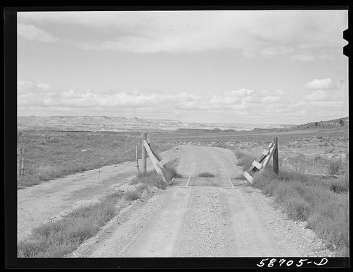 Cattle guard through grazing lands on road near Birney, Montana