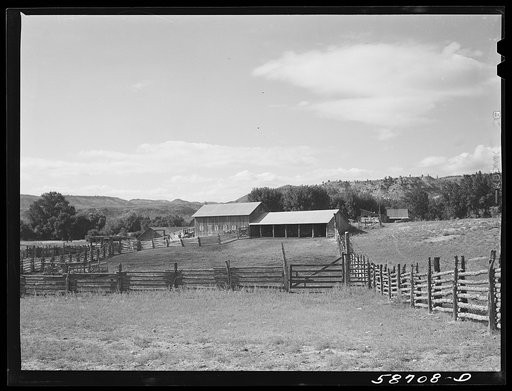 Corral and ranch buildings. Brewster-Arnold Ranch Company, Quarter Circle U. Birney, Montana